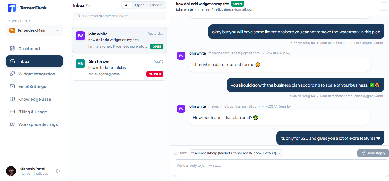 TenserDesk Unified Inbox Screenshot